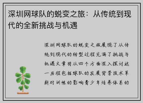 深圳网球队的蜕变之旅:从传统到现代的全新挑战与机遇